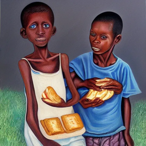Image similar to oil painting of a malnourished ugandan boy sharing bread with a blond well fed child american, by kelly freas