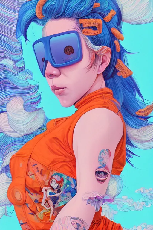 Image similar to a award winning half body portrait of a beautiful woman in a croptop and cargo pants with ombre orange blue teal hairstyle with head in motion and hair flying by yoshii chie and hikari shimoda and martine johanna and will eisner, outrun, vaporware, digital art, trending on artstation, highly detailed, fine detail, intricate