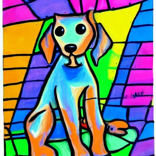 Image similar to a cute dog. the painting is very colorful and expressive, using a lot of black space which makes the characters and scenes pop out. unique way of using line work and color to create a sense of movement and energy. has a dreamlike quality and includes elements of nature.