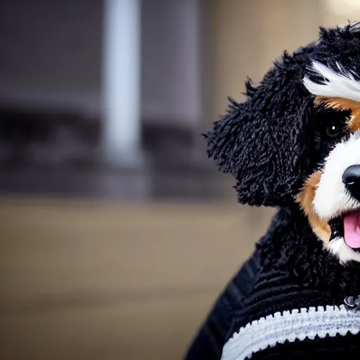 Image similar to a closeup photorealistic photograph of a cute smiling knitted bernedoodle judge dog dressed in a black gown, presiding over the courthouse. indoor image, professional capture, well lit shot. this 4 k hd image is trending on artstation, featured on behance, well - rendered, extra crisp, features intricate detail, epic composition and the style of unreal engine.