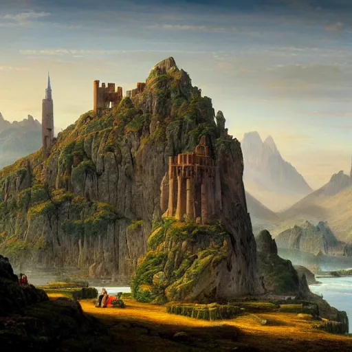 Image similar to a beautiful and highly detailed matte painting of a colorful yet humble english fort built of large stones in the distance high in the most epic mountains ever, intricate details, epic scale, insanely complex, 8 k, sharp focus, hyperrealism, very realistic, by caspar friedrich, greg rutowski, james gurney, hudson river school