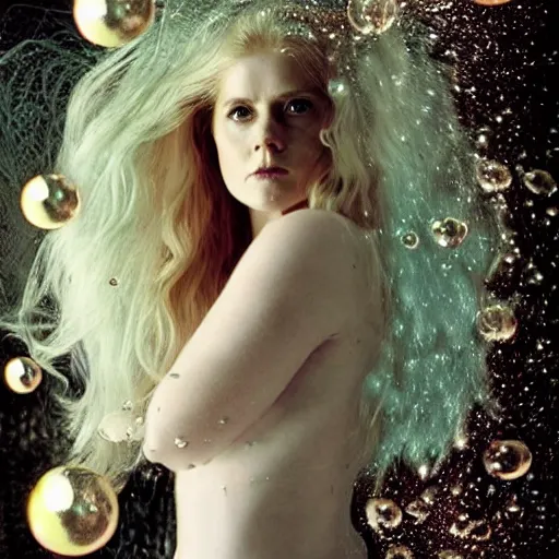 Image similar to amy adams portrait, fantasy, mermaid, hyperrealistic, game character, underwater, highly detailed, sharp focus, cinematic lighting, pearls, glowing hair, shells, gills, crown, water, highlights, starfish, jewelry, realistic, digital art, pastel, magic, fiction, ocean, king, colorful hair, sparkly eyes, fish, heroic, goddess, waves, bubbles, queen