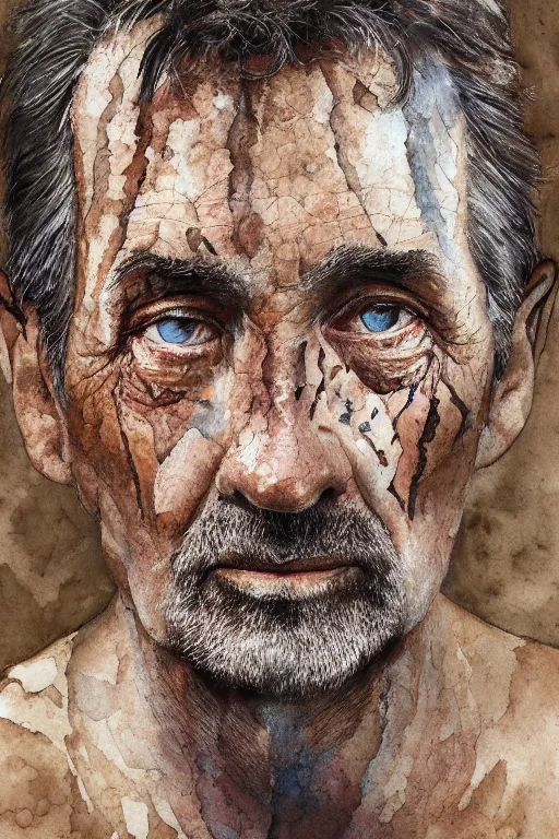 Prompt: portrait of a old man with aquarelle painted skin. close up, very dark brown hair, light eyes, intricate dark flowers pattern background, high detail, by Eddie Mendoza