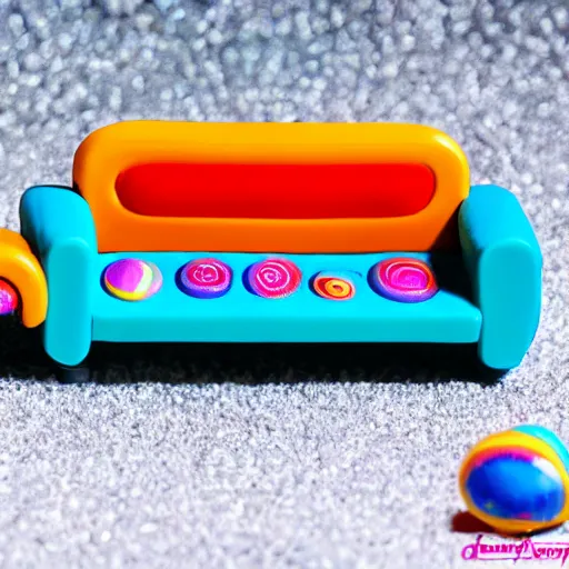 Image similar to fisher price couch, perfect focus, psychedelic trippy couch in space, planets, milky way, sofa scene from tv show hyper detailed 5 5 mm 8 5 mm, toy photography, made out of plastic