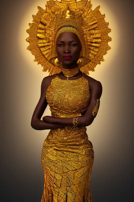 Prompt: a photorealistic portraitof a detailed african queen wearing a golden dress during her coronation worship, tarot, religious, backlit, hyperrealistic, ultrawide angle, smooth, texture, intricate, fantasy, trending on artstation, volumetric lighting, hyperdetailed, 3 d sculpture, unreal engine