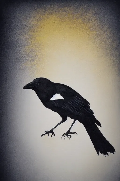 Image similar to beautiful serene smart crow, healing through motion, minimalistic golden ink airbrush painting on white background