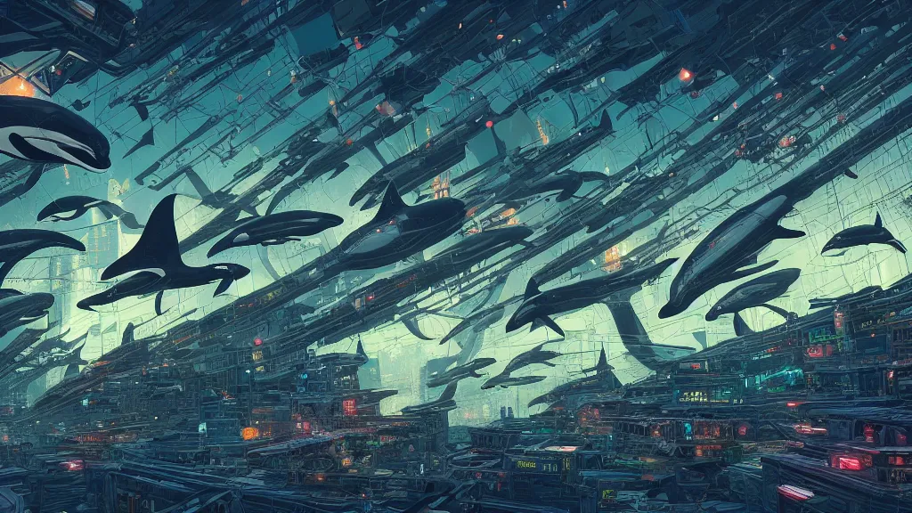 Prompt: highly detailed illustration of a pod of orcas flying over a cyberpunk city at night by kilian eng, moebius, nico delort, oliver vernon, joseph moncada, damon soule, manabu ikeda, 4 k resolution