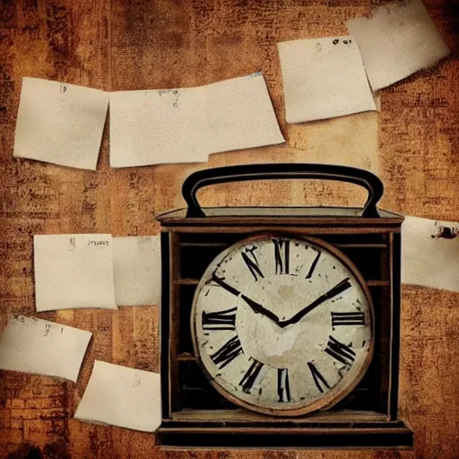 Prompt: A rustic album cover of a clock, rusty, eternal library, sticky notes, ribbons