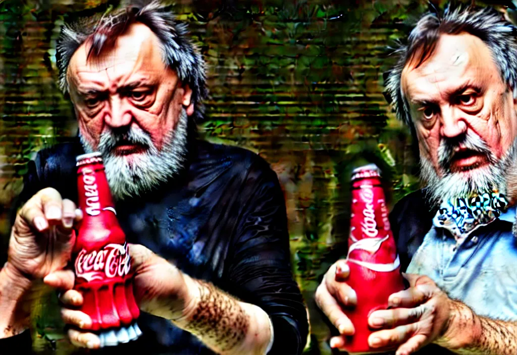 Image similar to hdr photo of slavoj zizec discussing how a coca - cola bottle is ideology, hd, sharp focus, dramatic lighting, sniffing his finger, cinematic composition