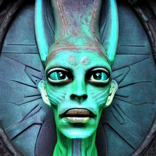 Image similar to weird alien blue and green body Egyptian head alien grotesque baroque gothic style dead space interior