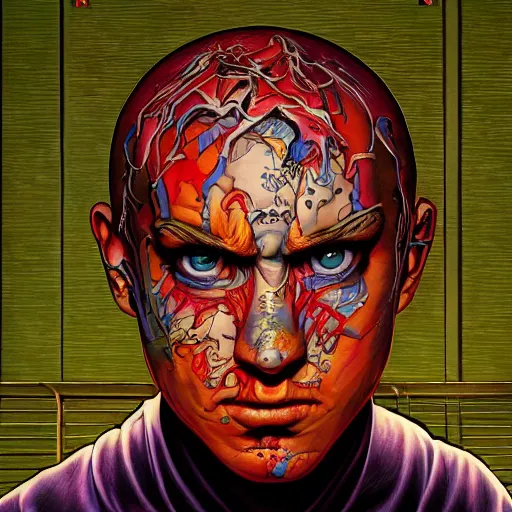 Image similar to portrait closeup of crazy eminem, symmetrical, by yoichi hatakenaka, masamune shirow, josan gonzales and dan mumford, ayami kojima, takato yamamoto, barclay shaw, karol bak, yukito kishiro