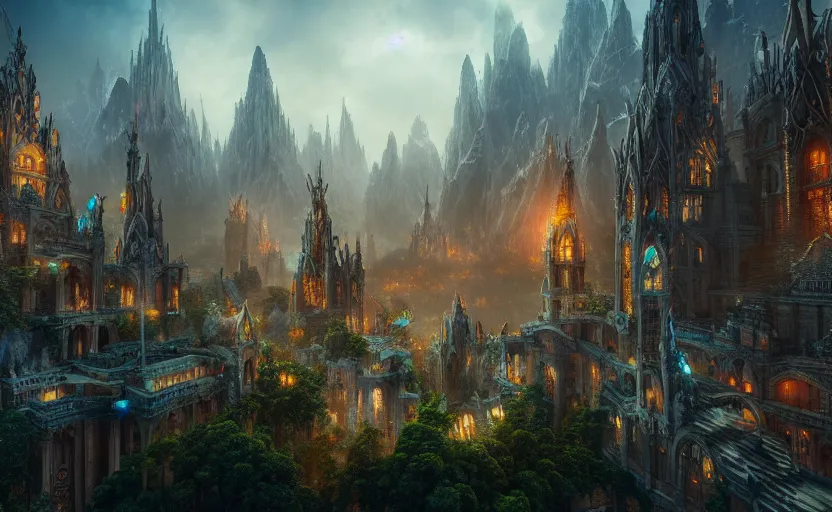 Image similar to in an ethereal magic elven city, highly detailed, 4 k, hdr, award - winning, octane render, artstation