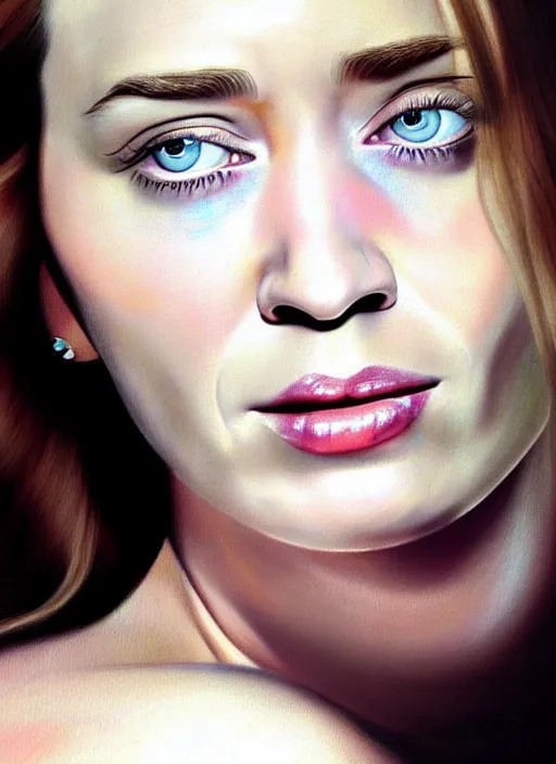 Image similar to youthful Emily Blunt staring seductively at you. ultra detailed painting at 16K resolution and amazingly epic visuals. epically beautiful image. amazing effect, image looks gorgeously crisp as far as it's visual fidelity goes, absolutely outstanding. vivid clarity. ultra. iridescent. mind-breaking. mega-beautiful pencil shadowing. beautiful face. Ultra High Definition. godly shading. amazingly crisp sharpness. photorealistic film cel processed twice..