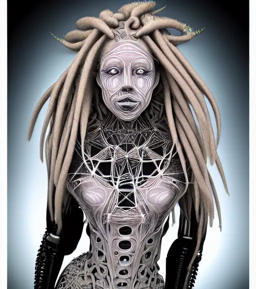 Image similar to photograph of beautiful biomechanical female blonde dreadlocks girl, hyper realistic skin, geometrical octagonal lace tattoos, polyhedral 3 d, roccoco futuristic android jones style steampunk, trippy lsd hippie, craftsmanship, intricate, hexagonal mesh wire, mandelbrot fractal spiral mandala alexander mcqueen, alex grey, giger, hyperreal, photorealistic