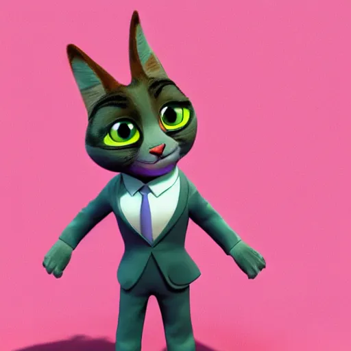 Prompt: 3d render , anthropomorphic cat wearing a pink tux, in the style of Zootopia