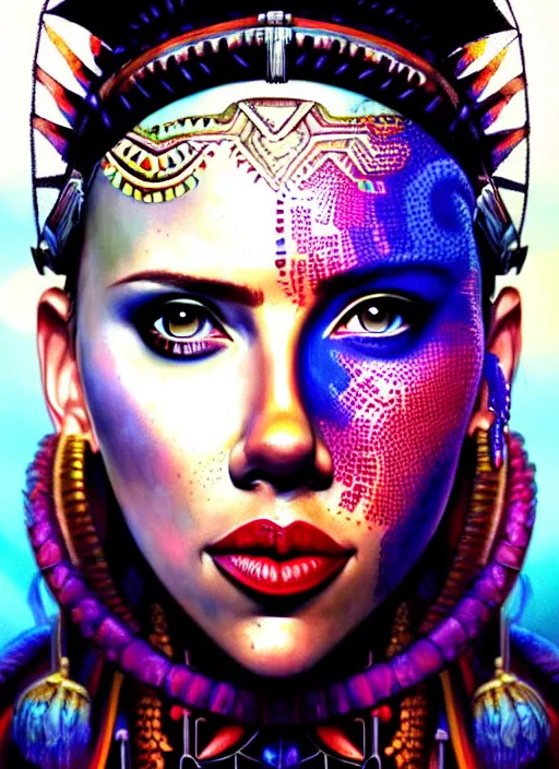 Image similar to portrait of scarlett johansson, hyper detailed ultra sharp aztec shaman warrior. trending on artstation, warpaint aesthetic, bloodwave, colorful, psychedelic, ornate, intricate, digital painting, concept art, smooth, sharp focus, illustration, art by artgerm and greg rutkowski and h. r. giger, 8 k