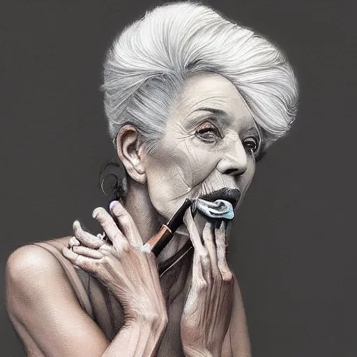 Prompt: a picture of a fashionable gran smoking a cigar, an airbrush painting by marco mazzoni, featured on zbrush central, generative art, zbrush, behance hd, airbrush art