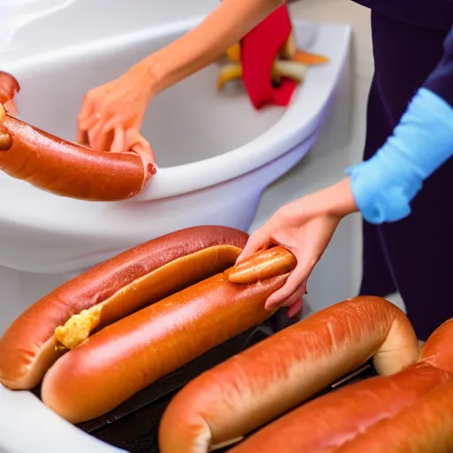 Image similar to many hotdogs being flushed down a toilet