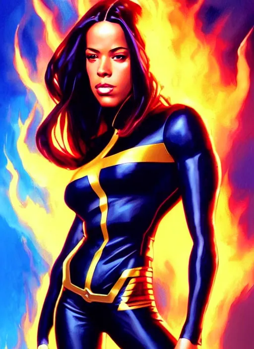 Prompt: full body portrait of marvel cinematic universe aaliyah haughton, x - men, jean grey, elegant, fire, phoenix, rippling electromagnetic, highly detailed!! digital painting, artstation, glamor pose, concept art, sharp focus, illustration, art by artgerm and greg rutkowski, artey freytag