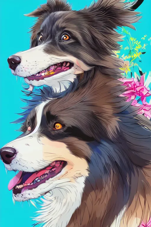 Prompt: maximalist joyful australian shepherd, pixiv fanbox, makoto shinkai takashi takeuchi studio ghibli, akihiko yoshida, yoshitaka amano, wangechi mutu, clean cel shaded vector art. shutterstock. behance hd by lois van baarle, artgerm, helen huang, rossdraws, illustration