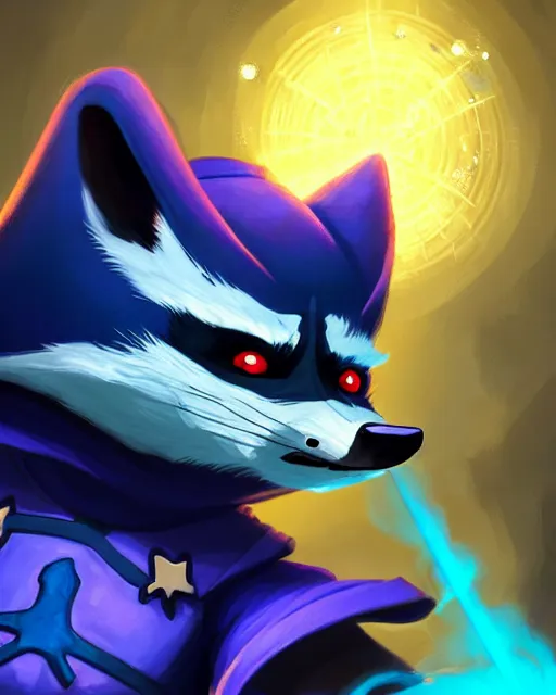 Prompt: closeup, highly detailed digital illustration portrait of hooded necromancer sly cooper rocket the raccoon casting a magical energy sparkling blue glowing spell in an ancient castle, action pose, d & d, magic the gathering, by rhads, frank frazetta, lois van baarle, jean - baptiste monge, disney, pixar,