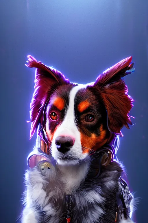 Image similar to a beautiful portrait of a cute cyberpunk red tri australian shepard by greg rutkowski and wlop and sandra chevrier, purple blue color scheme, high key lighting, volumetric light, digital art, highly detailed, fine detail, intricate, ornate, complex, octane render, unreal engine, photorealistic