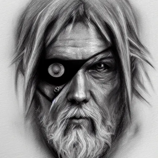 Image similar to Odin with eye-patch, charcoal portrait, artstation, fine-detailed