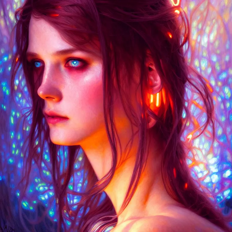 Image similar to bright asthetic portrait LSD glowing backlit, fantasy, intricate, elegant, dramatic lighting, highly detailed, lifelike, photorealistic, digital painting, artstation, illustration, concept art, smooth, sharp focus, art by John Collier and Albert Aublet and Krenz Cushart and Artem Demura and Alphonse Mucha
