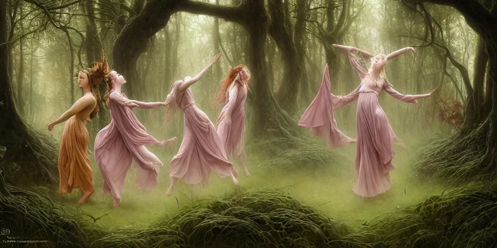 Image similar to masterpiece ephemeral elven girls dancing in the woods, composition by anastasiya dobrovolskaya, donato giancola, karol bak, tom bagshaw, face by artgerm and edmund leighton, background by zdzisław beksinski, majestic, volumetric lighting, porcelain skin, photorealistic, intricate, trending on artstation 8 k