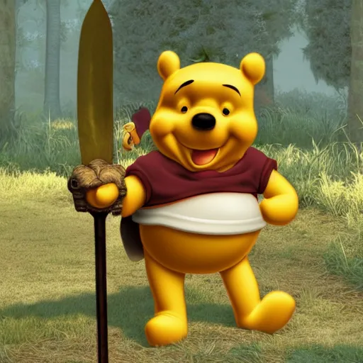 Image similar to Winnie the Pooh wearing armor, holding a giant sword, ps2 graphic, 3d render, video game