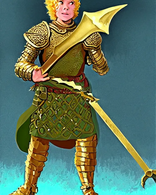 Image similar to beverly toegold the fifth, epic level dnd male halfling verdant paladin of the ancients and green teen, wielding a golden holy sword, wearing magical gleaming chainmail armor. full character concept art, realistic, high detail digital gouache painting by angus mcbride and michael whelan and jeffrey jones