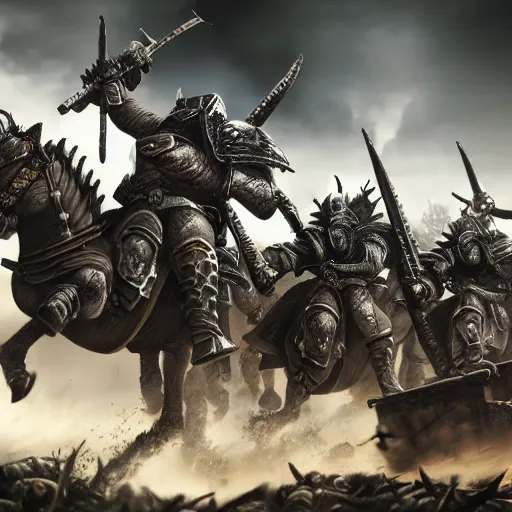 Prompt: warhammer chaos knight charging terrified world war two soldiers on a battlefield, extremely detailed, octane render, realistic shading, 4 k