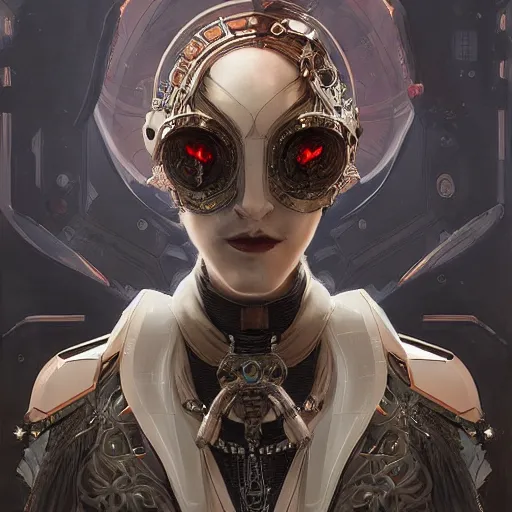 Image similar to a cyborg empress with mask, art nouveau ivory accessories, cyberpunk, darksynth, luxury, concept art by jama jurabaev, extremely detailed, ominous, ethereal, artstation, andree wallin, edvige faini, balaskas, alphonse mucha, symmetry