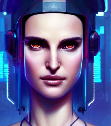 Image similar to beautiful portrait of a cyberpunk goddess who looks like Natalie Portman , character design by charlie bowater, ross tran, artgerm, and makoto shinkai, detailed, soft lighting, rendered in octane