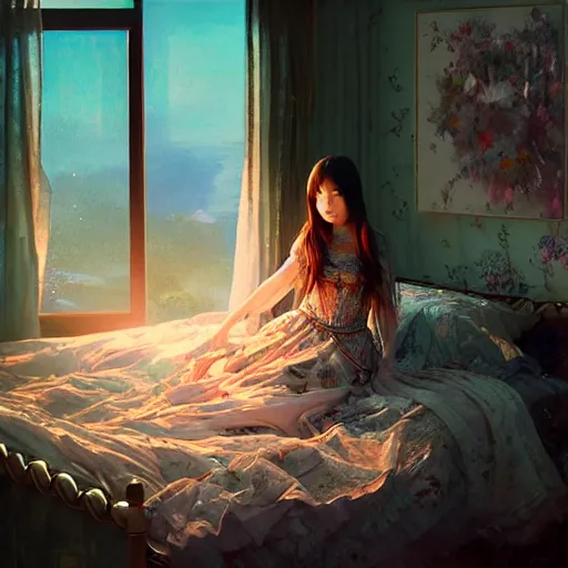 Image similar to beautiful young girl in intricate clothing by ross tran, sleeping in a messy bedroom designed by joanna gaines, at sunset, painted by sana takeda, reflections, very high intricate details, painting by liu xiaodong, digital anime art, medium shot, mid - shot, composition by ilya kuvshinov, lighting by greg rutkowski