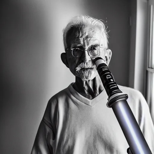 Image similar to elderly man with lightsaber, nursing home, canon eos r 3, f / 1. 4, iso 2 0 0, 1 / 1 6 0 s, 8 k, raw, unedited, symmetrical balance, wide angle