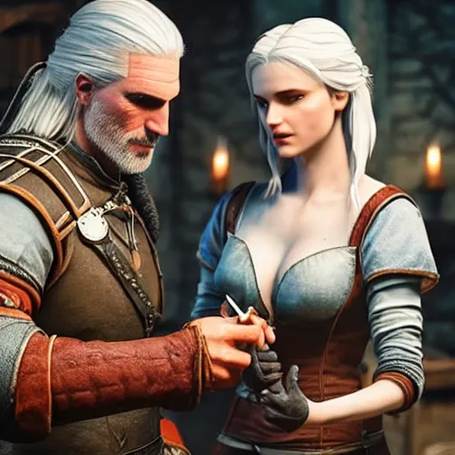 Prompt: geralt of rivia teaching ciri how to make potions in an alchemy lab, stunning 3 d render, perfect facial symmetry, flesh texture, realistic, highly detailed attributes and atmosphere, dim volumetric cinematic lighting, 8 k octane detailed render, post - processing, masterpiece, rtx on, rendering on unreal engine