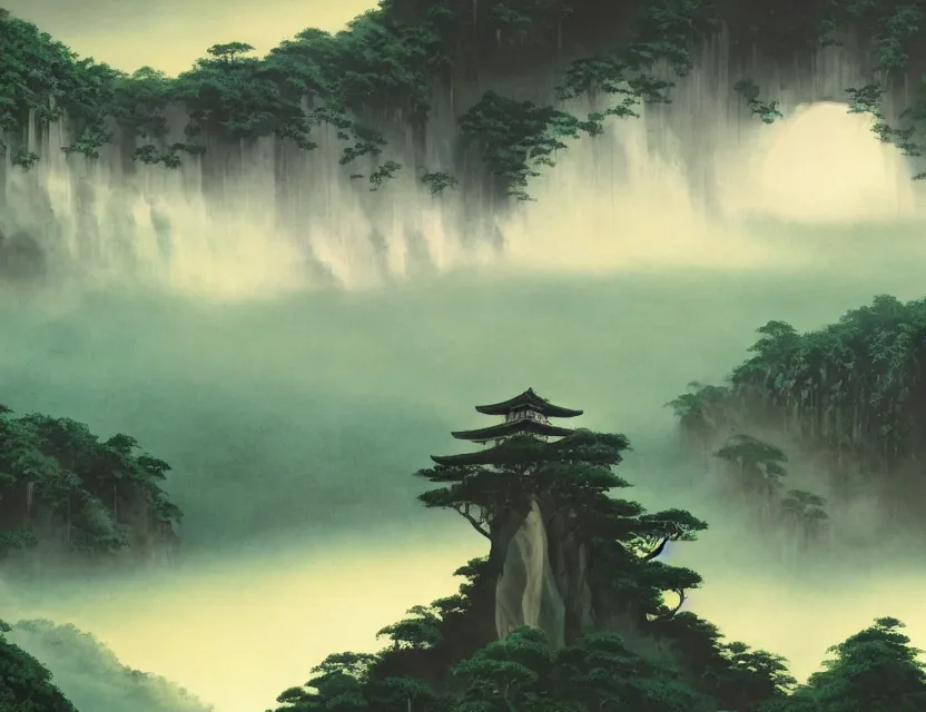 Prompt: a cinematic widescreen photo of ancient japanese cloud temples on a mountain in a misty bamboo cloud forest with colossal waterfalls at dawn by studio ghibli by roger dean by syd mead