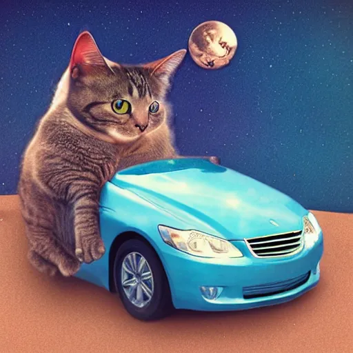 Prompt: a cat driving a car, photo manipulation, digital art, photoshop, creative