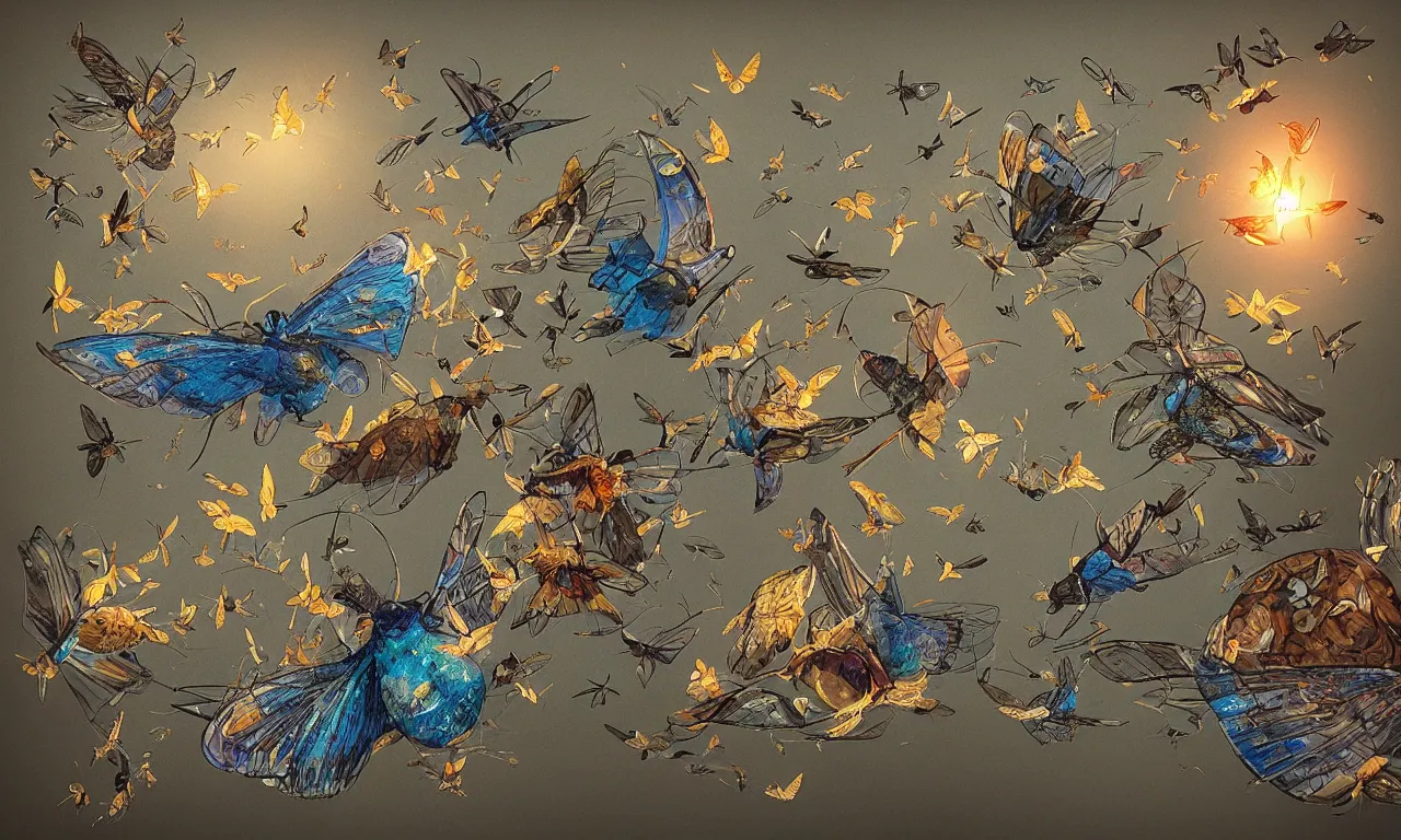 Image similar to discworld theme, moth, flocking birds, 3 d art, digital illustration, perfect lighting