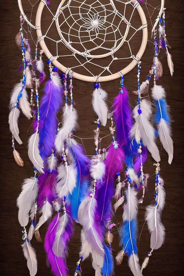 Image similar to a beautiful and intricate dreamcatcher made from bone and gnarled wood and blue and purple feathers, twisting, twirling, loops, hexagonal shapes, concept art, highly detailed, realistic, ornate, fine detail, 4k, octane render, vray, unreal engine