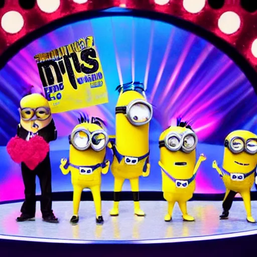 Image similar to minions competing on ru Paul’s drag race