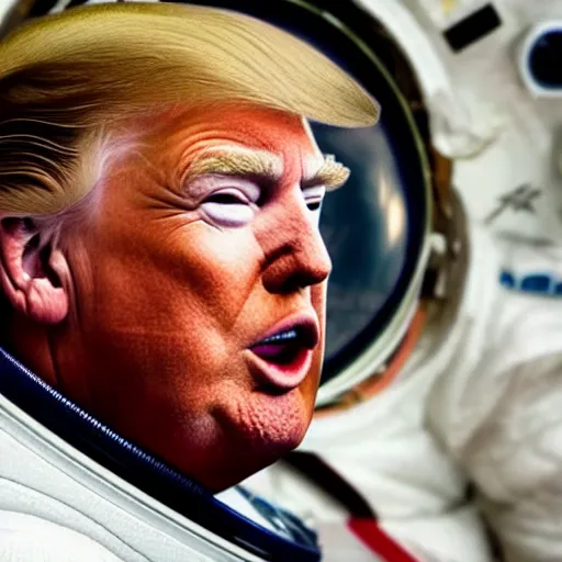 Prompt: A dramatic up close shot of Donald Trump staring into the camera as an astronaut, extremely detailed award winning photo, surreal