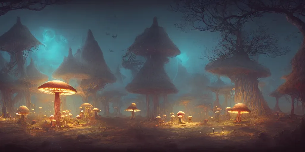 Image similar to bioluminescent mushroom village by tom bagshaw, rococo, intricate, detailed, photorealistic imagery, artstation render inspired by alena aenami 8 k