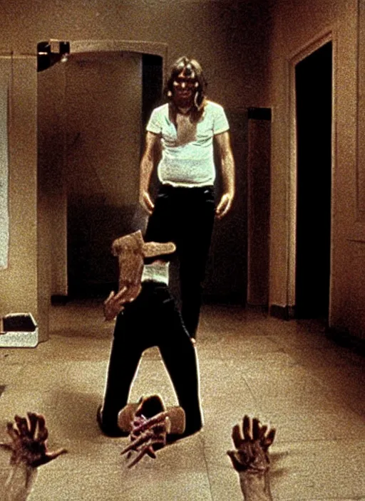 Prompt: horror practical fx of an human corpe in the middle of a room by dario argento