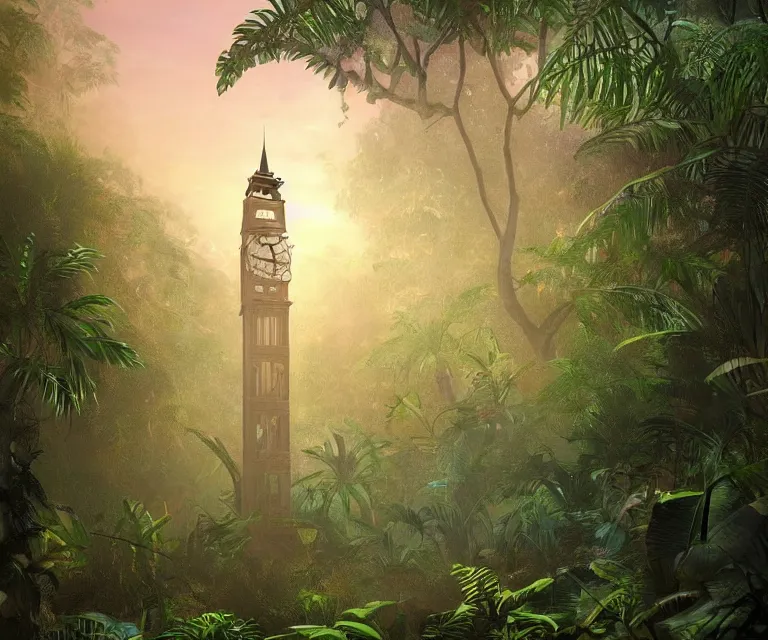 Image similar to a tall clock tower in a jungle!, mist, tropical trees, vines, birds, sunset!, fluffy clouds, warm colors, beautiful lighting, digital art, intricate details, trending on artstation