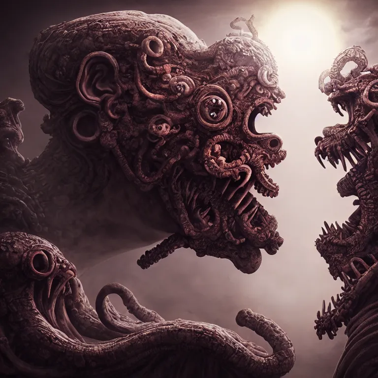 Image similar to portrait of two buddhist demons kissing each other in wastelands on white exoplanet at night, baroque portrait painting, beautiful intricate insanely detailed octane render, artstation, 8 k artistic harsh flash photography, photorealistic, volumetric perfect light, chiaroscuro, raphael, caravaggio, beksinski, rutkowski, giger