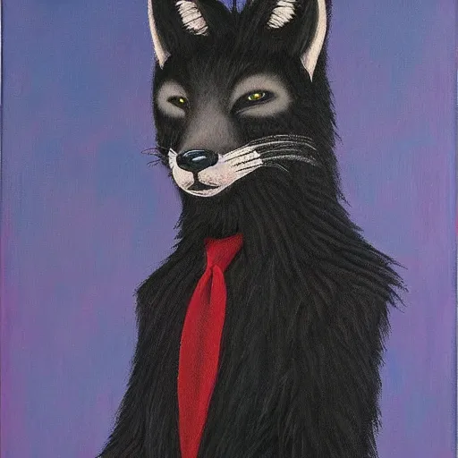 Image similar to portrait of a male anthro black fox furry fursona wearing a salsa dance suit, 1 9 7 0 s oil on canvas painting, by famous artist jylon denja