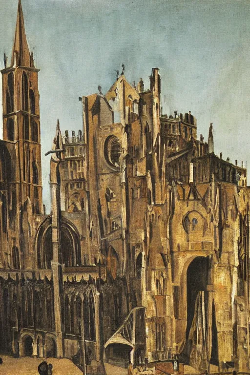 Image similar to a painting by max ernst of a medieval town square with a looming cathedral