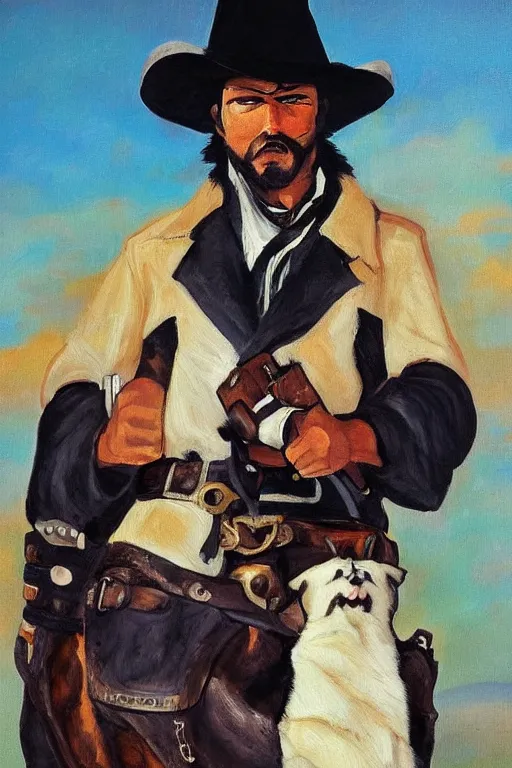 Image similar to a portrait painting of a husky in cowboy costume in the style of anime, a fistful of dollars, per un pugno di dollari, humanoid, personify, anthropomorphic, furry